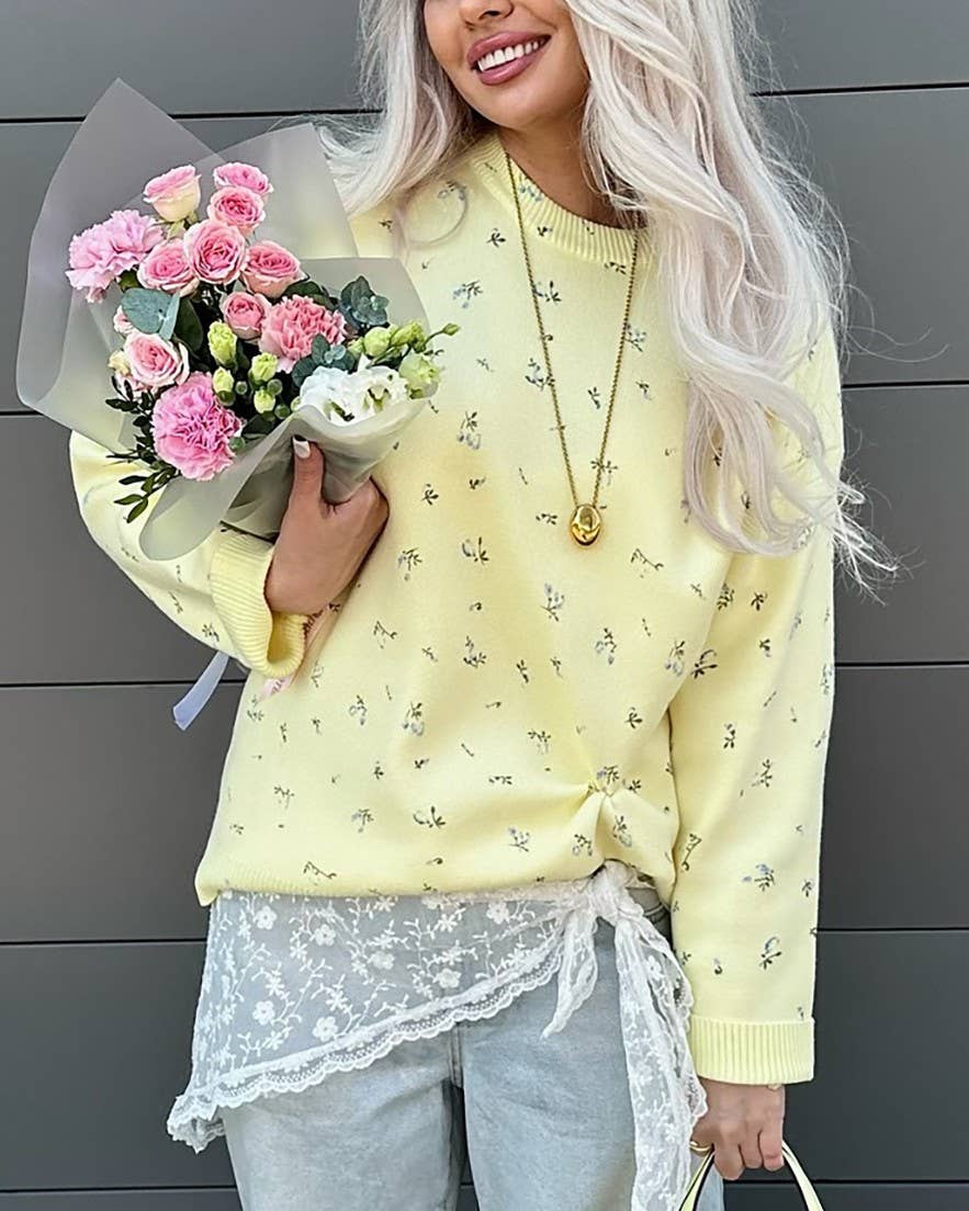 Yellow Cozy Floral Round Neck Loose Knit Sweater for wholesale on Faire