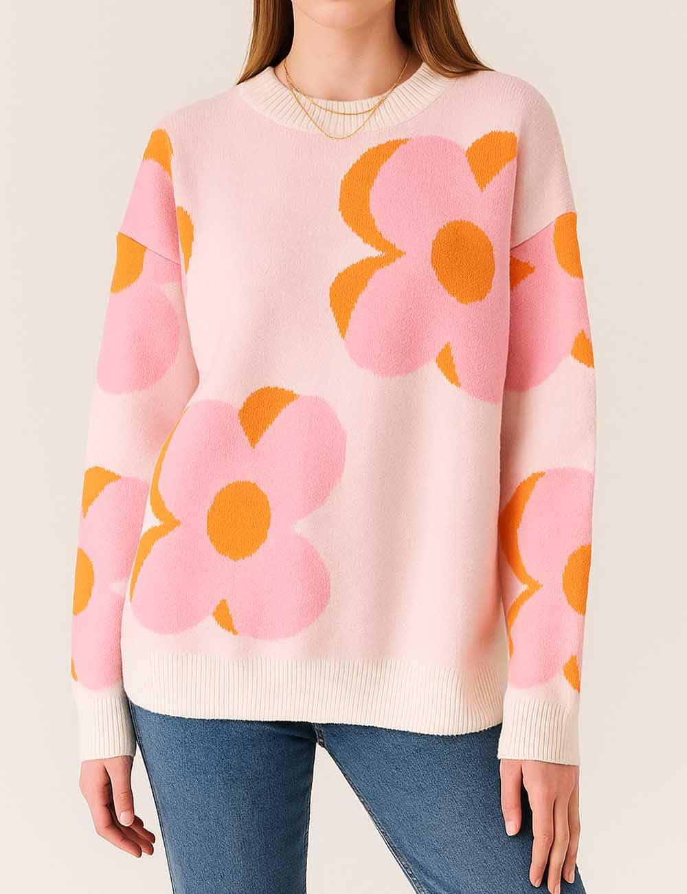 Sweetkama - Vente Pull en maille – femme - Pull tricoté à col rond à motif floral multicolore pour femmes0