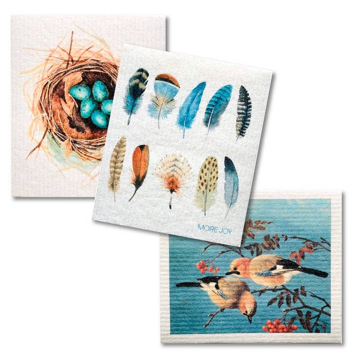 Bundle of 3 Swedish Dishcloths | Nest, Feathers, Jay Birds for wholesale by Sweetgum Home