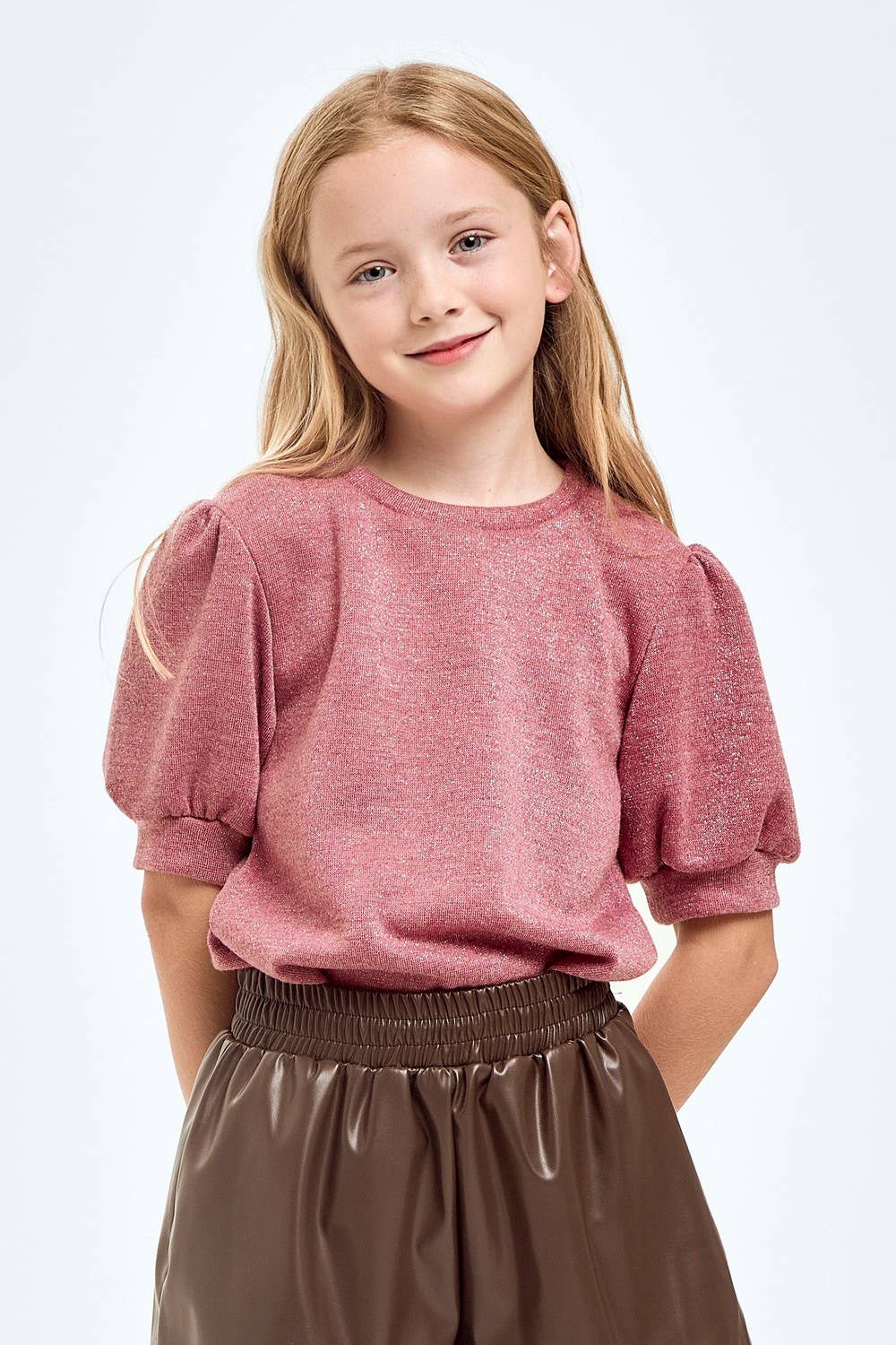 Good Girl - Wholesale Knit Top - Kids - Mink Lurex Short Puff Sleeves Top6