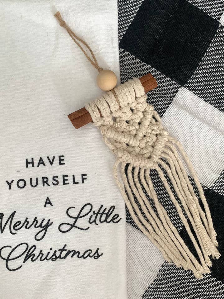 Macrame Ornament On Cinnamon Stick - Christmas Holiday for wholesale by Rosie the Wanderer, Handmade Macramé