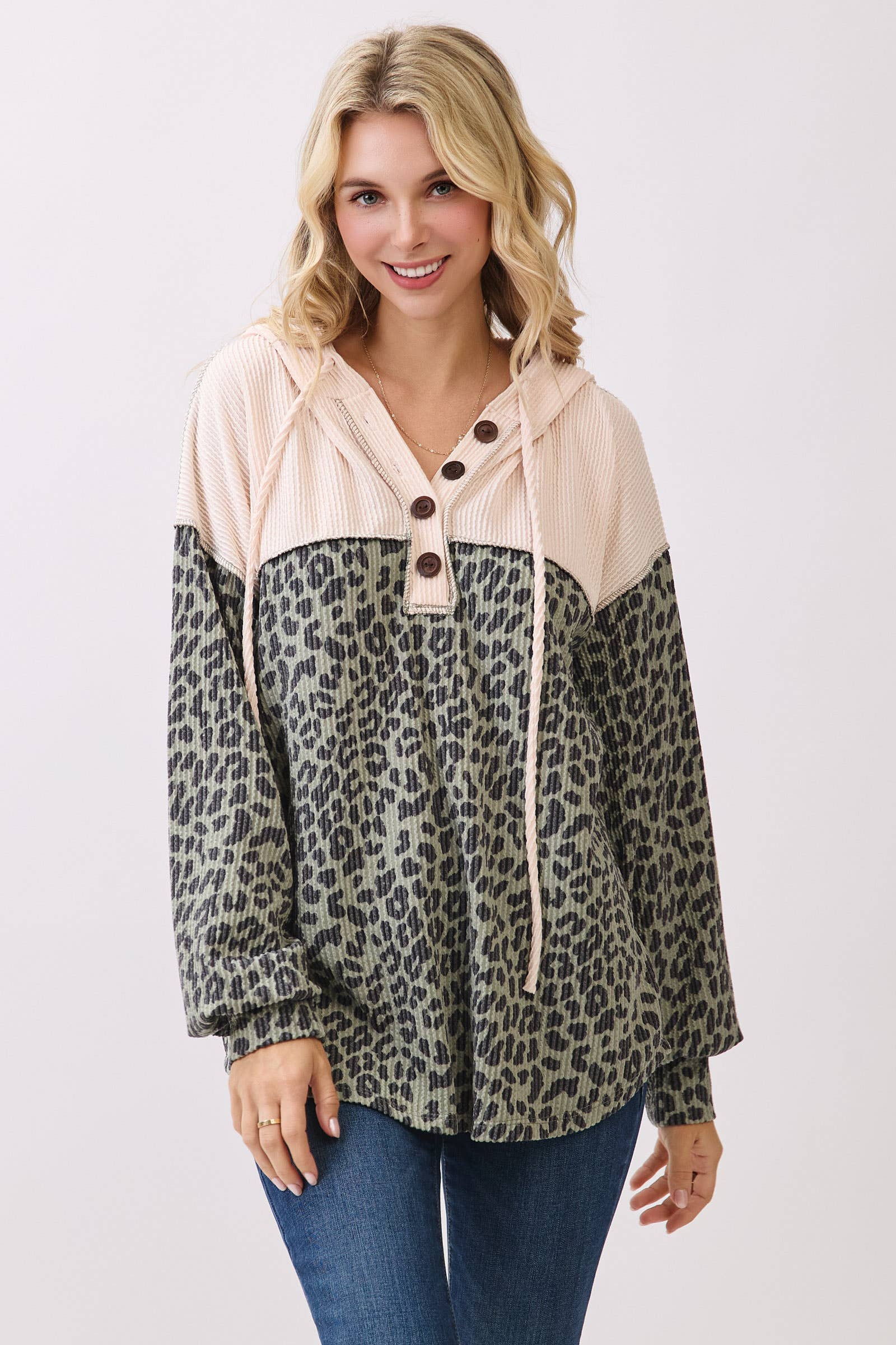 7th Ray - Wholesale Hoodie - Women's - Leopard Print Button Front Drawstring Hoodie T61155