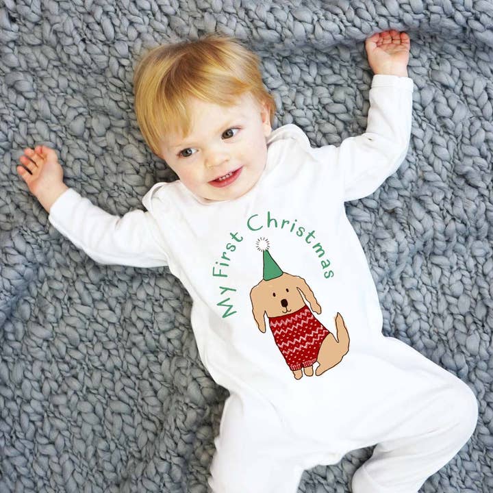 First Christmas Jolly Dogs Sleepsuit for wholesale by Sparks and Daughters
