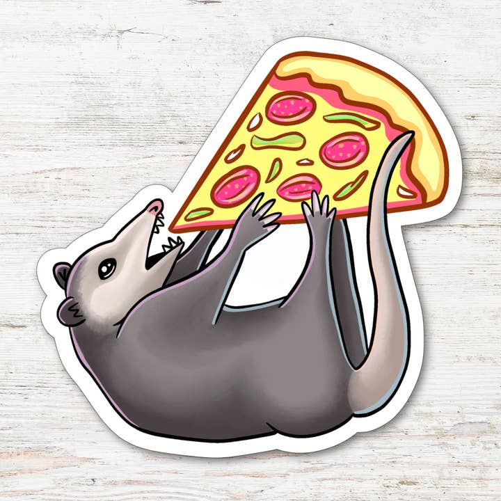 Pizza Possum Matte Vinyl Sticker for wholesale by Angry Gato Designs