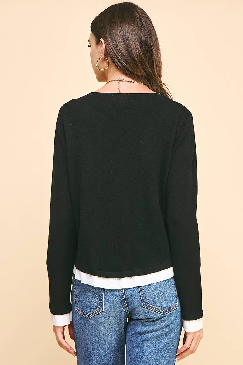 PINCH - Wholesale Knit Top - Women's - V-NECK WOVEN COMBO CARDIGAN TOP - 5831W9