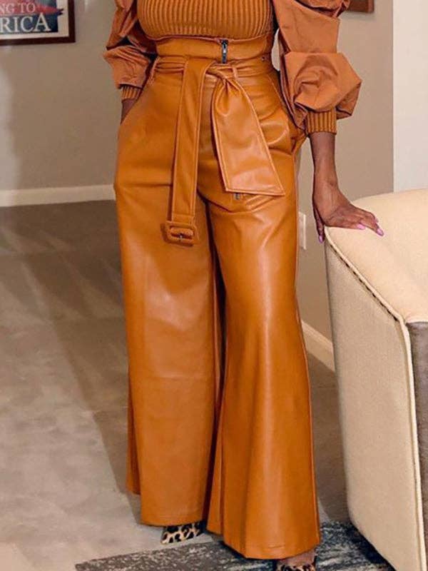 VividLux - Wholesale Pants - Women's - High Waisted Wide Leg Belted Solid Color Zipper Pants Trousers