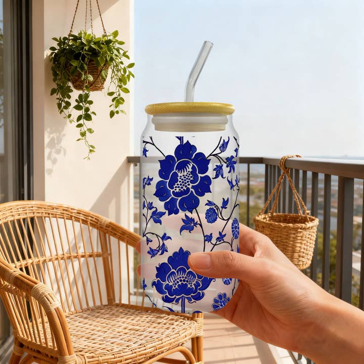 Blue-and-White Pattern UV DTF Glass Cup for wholesale by Candles Meta