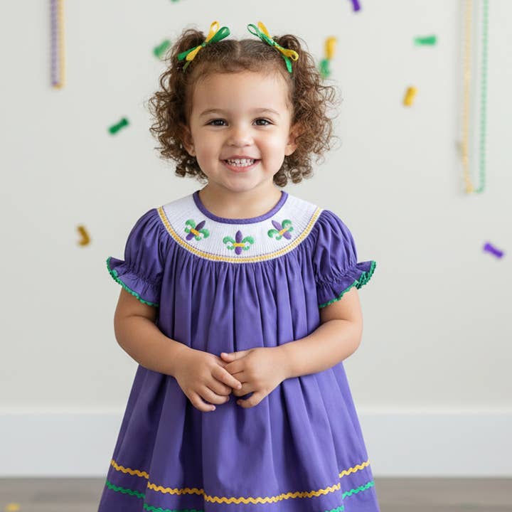 Purple Mardi Gras Smocked Bishop Dress for wholesale by Lil Cactus