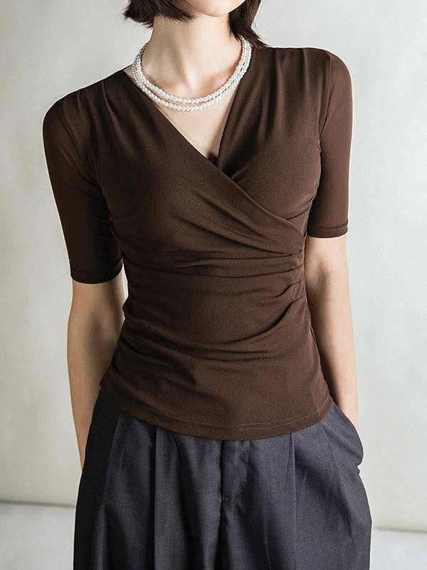 Mirazshoes WholeSale - Wholesale Blouse - Women's - Half Sleeves Skinny Pleated Solid Color V-Neck T-Shirts Tops6