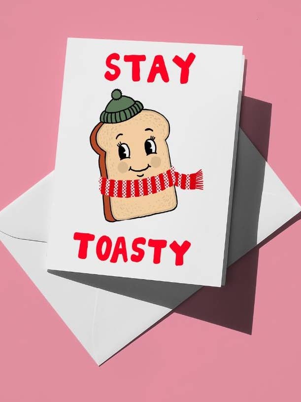 Stay Toasty Winter Holiday Card, A2 size, blank interior, premium matte cardstock, includes envelope, festive seasonal greeting for wholesale by semiserious studio