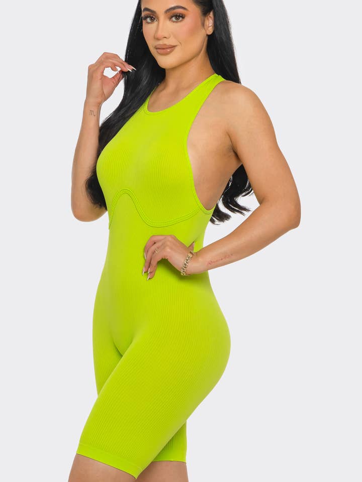 Lime All the Time - Wholesale Romper - Women's - Bodycon Yoga Racerback Zipper Romper