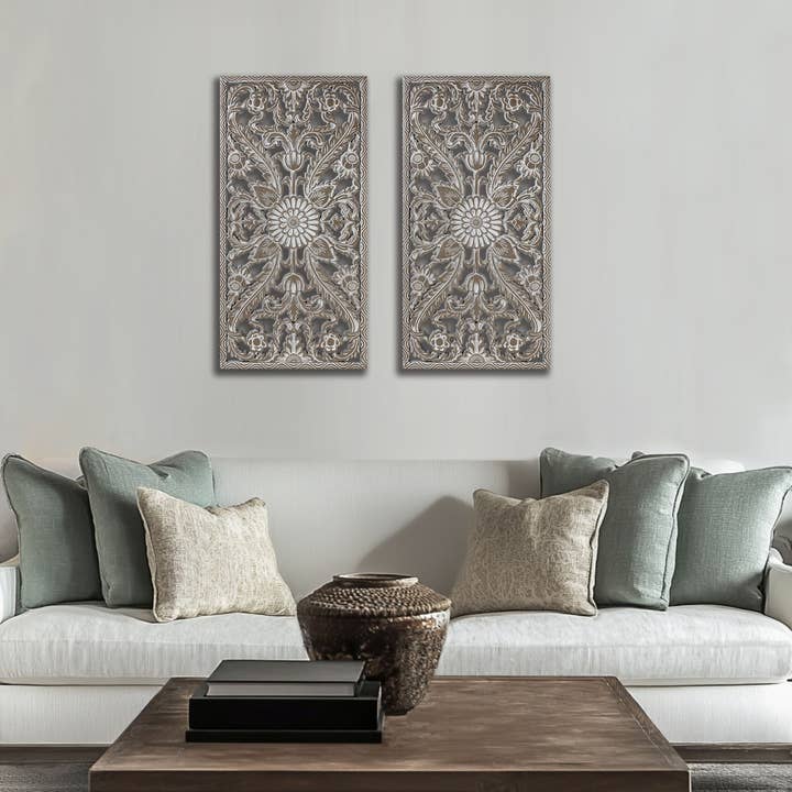 Olliix - Wholesale Wall Art Set - 2-Piece Distressed Carved Wood Wall Set, Antique Green0