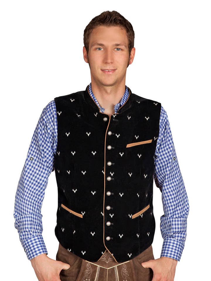 Gilet traditionnel en velours noir avec broderie tête de cerf pour la vente par Edelnice Trachtenmode GmbH & Co. KG