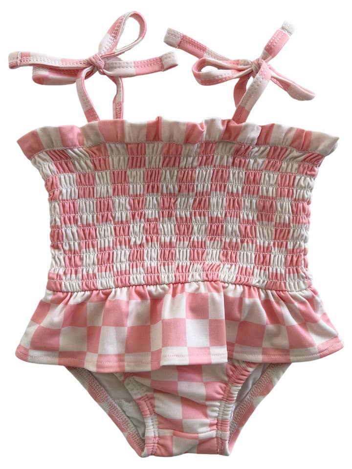 SIIX Collection - Wholesale One Piece Swimsuit - Kids - Strawberry Shortcake Checkerboard / Soleil Swimsuit / UPF 50