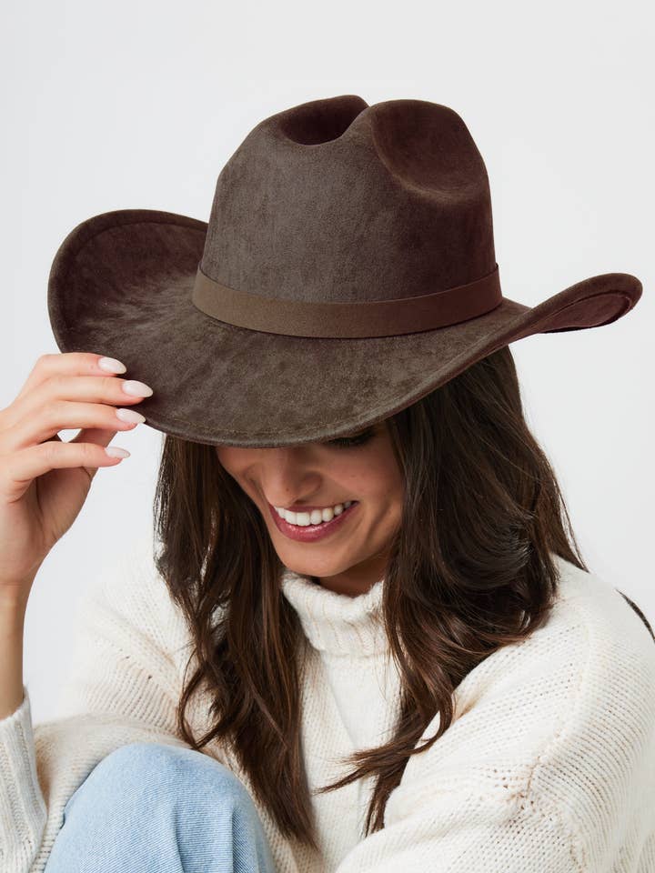 Dark Brown Faux Suede Cowboy Hat for wholesale by My Accessories London