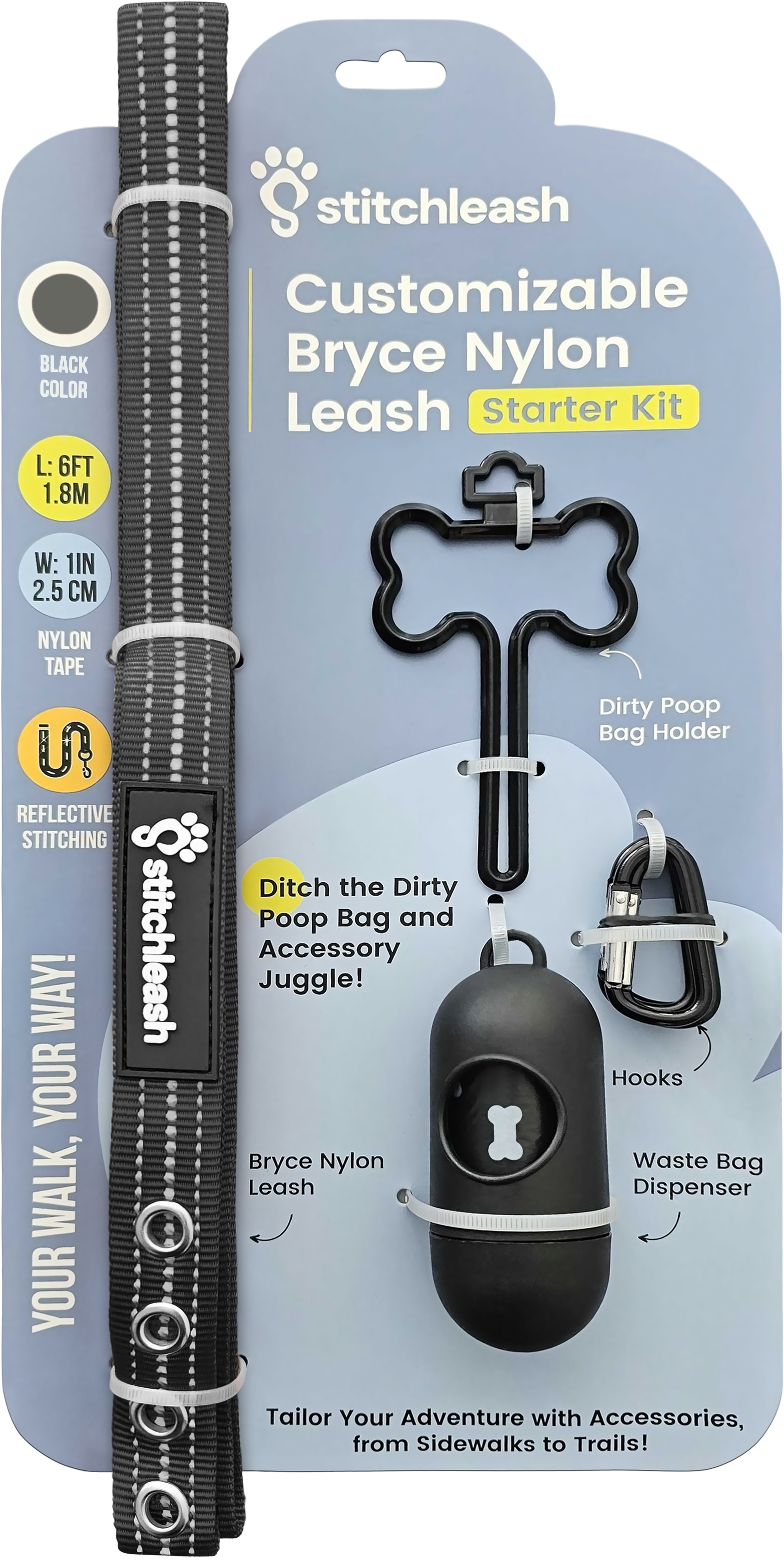 StitchLeash - Wholesale Pet Leash - Dog - StitchLeash® Bryce Clip & Go™ Flat Nylon Leash – Black | 6 ft | 24 per case3