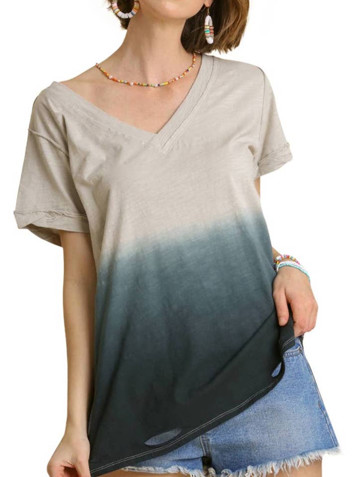 Dip Dye Distressed V-neck Short Sleeve Top for wholesale by Vanilla Monkey