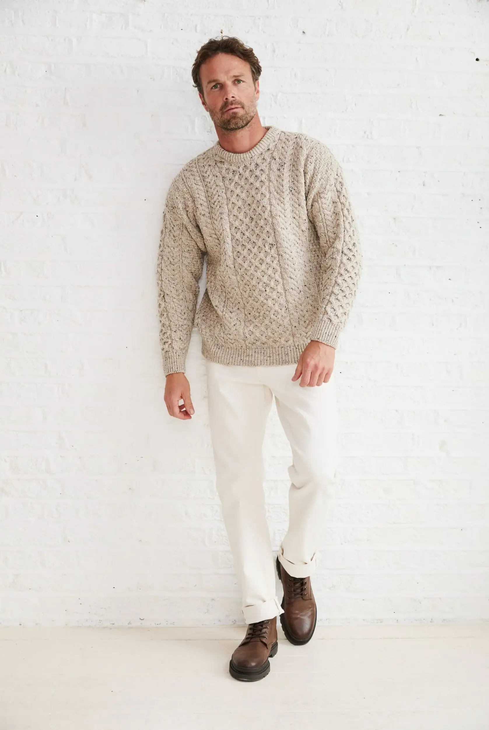 Aran Woollen Mills - Wholesale Knit Sweater - Men's - Inishbofin Mens Traditional Aran Sweater -  Flecked Oat1