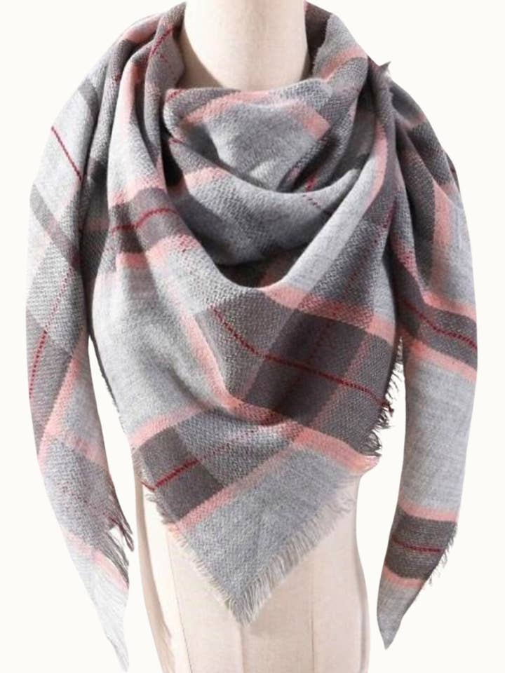 Plaid Blanket Scarf, 52" x 52" Square, Ash Gray for wholesale by Olive & Pique