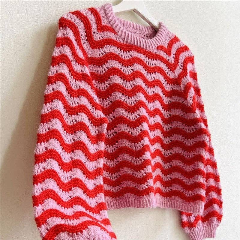 PINK Round Neck Color Block Wave Stripe Sweater for wholesale on Faire0