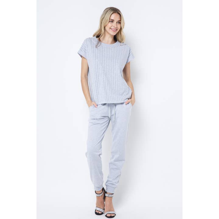 STRIPE MOTIF STUD DROP SHOULDER SHORT SLEEVE TOP for wholesale by VOCAL