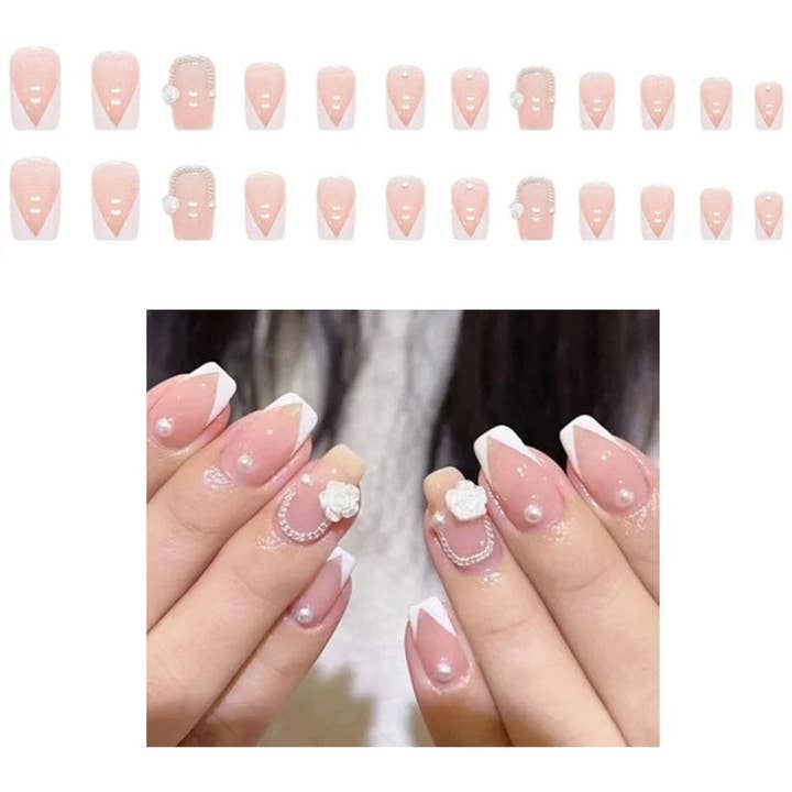 ONE STYLE Pearl Decor Rose Squoval Fake Nail Set NA1201-90 (12PC) for wholesale on Faire2