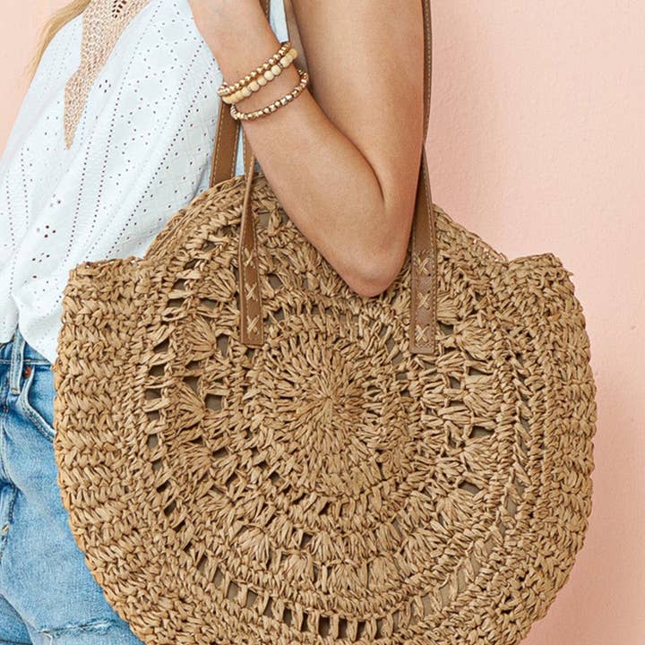 Camel Mavis Bohemian Straw Woven Round Bag for wholesale on Faire1