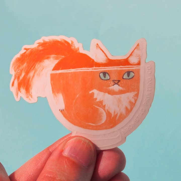 Bromstad Printing Co. - Wholesale Sticker - Orange Cat in a Bowl Clear Sticker2