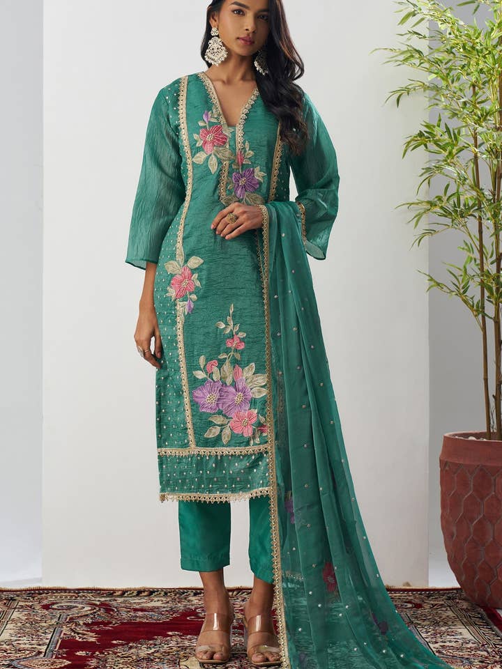 Green Crush Silk Straight Suit Kameez With Pant For Indian & Pakistani Wedding Festival - Embroidery Work for wholesale by HATKE BRIDE