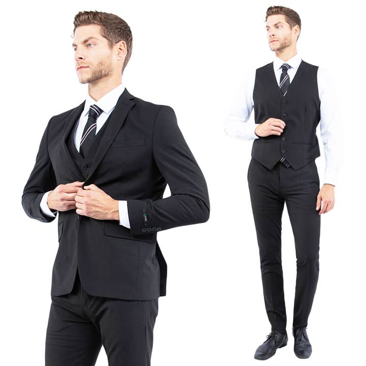 Suits America - Wholesale Suit Set - Men's - Mens Suit 4-Way Stretch 3pc w/ Expandable Waistband, Black