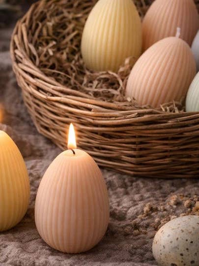 Ribbed Egg Candle | Handmade Easter Candle | Pastel Spring Home Decor | Decorative Cottagecore Farmhouse Candle for wholesale by Valo the Candle Company
