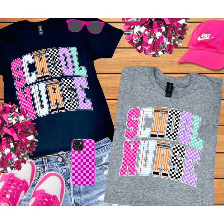 Checkered, Notebook, Pencil SCHOOL NURSE Letters (Pick Your Tee Color) for wholesale by The Red Rival Wholesale