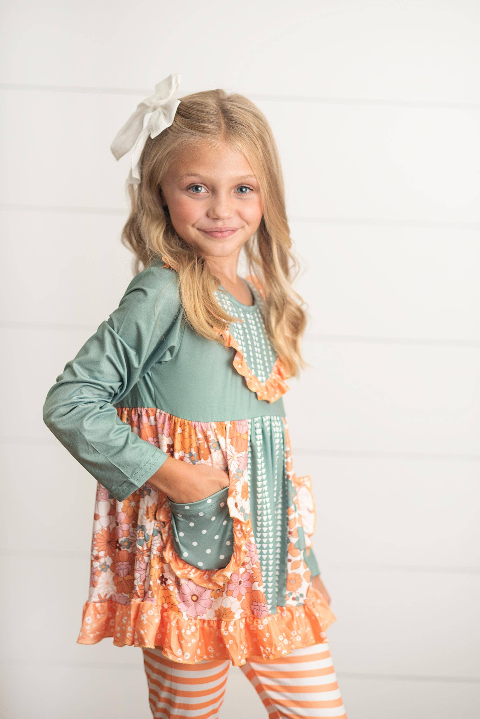 Adorable Sweetness - Wholesale Top & Pant Set - Kids - Kids Sage Floral Pocket Two Piece Bell Bottom Ruffle Set3