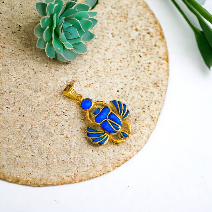 ALADDIN'S LAMP JEWELRY - Wholesale Individual Charm/Pendant - Gold Winged Royal Scarab Of Regeneration Blue Opal Pendant7