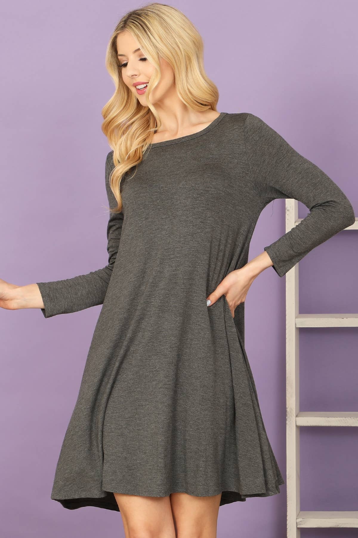 MYS Wholesale Inc - Vente Robe – femme - Robe unie à encolure bateau et manches quarts avec poches latérales7