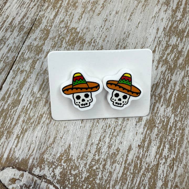 Designed To Flaunt - Wholesale Stud/Post Earrings - UV Printed Sombrero Spirits Acrylic Stud Earrings