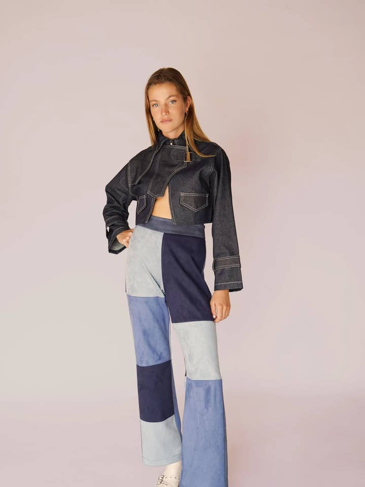 Blue vegan suede patchwork pants for wholesale by Lacerf