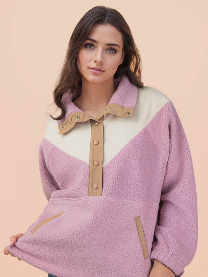 NT12339-Half Button Down Color Block Oversized Fleece Top for wholesale by VERY J