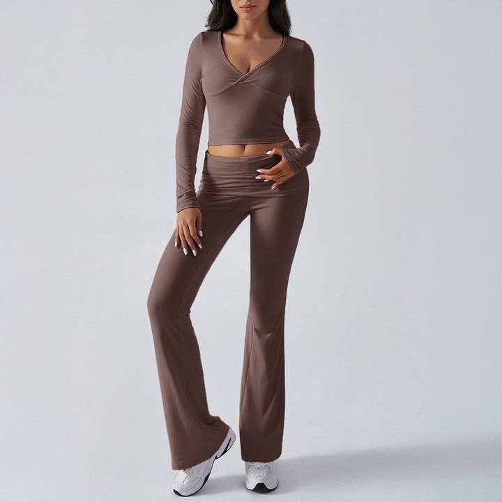 EmberLoom - Wholesale Lounge Set - Women's - Women's Solid V-Neck Knit Slim Fit Top and Pants Set2