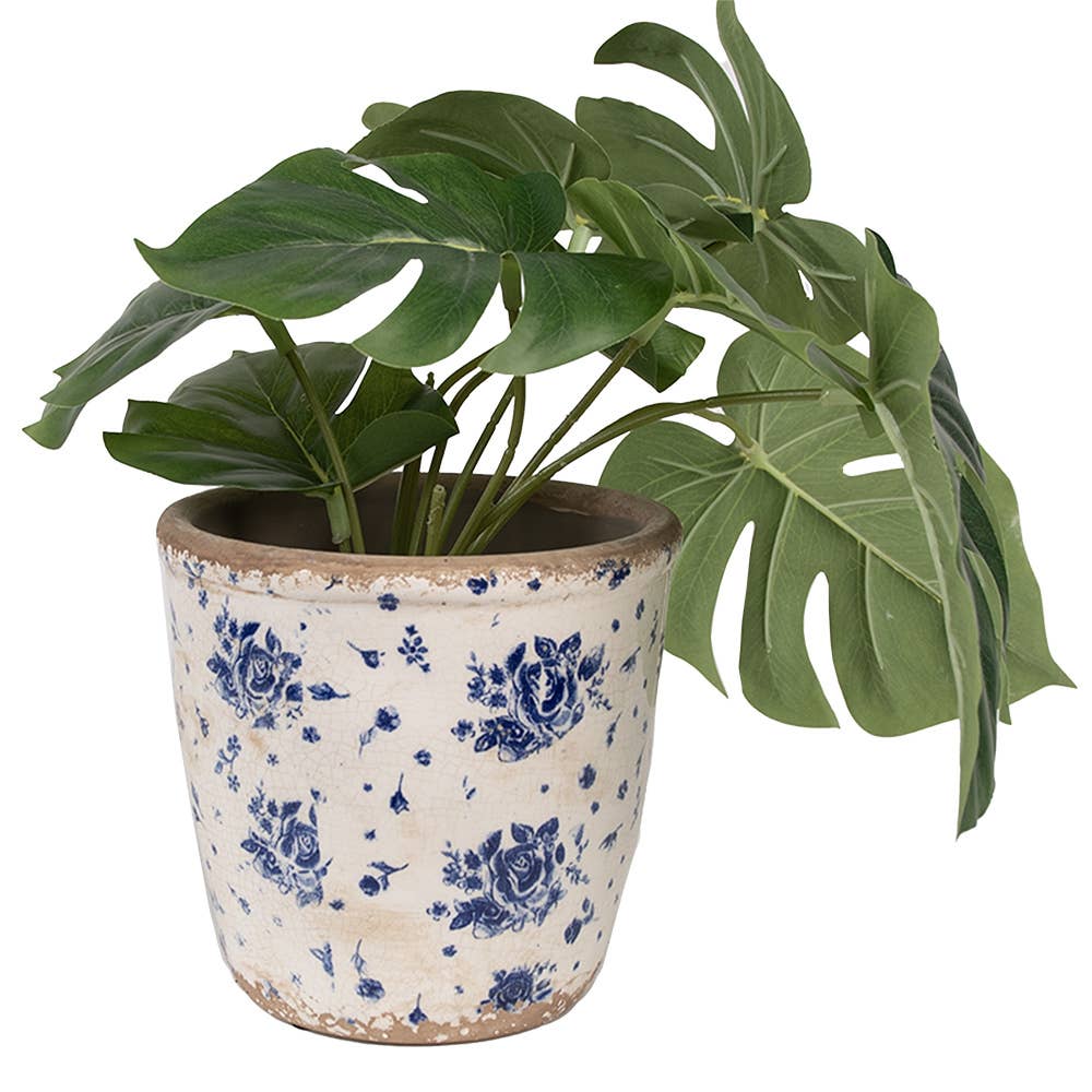 Clayre & Eef - Wholesale Plant Pot - 6CE1658M Indoor Planter Ø 15x14 cm Beige Blue Ceramic Roses1