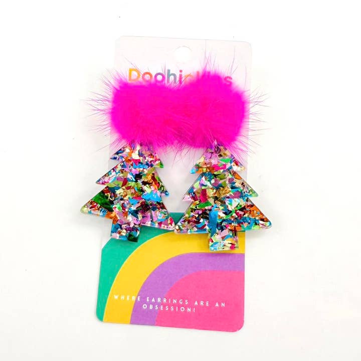 Doohickies - Wholesale Dangle Earrings - Pom Pom Chunky Glitter Christmas Trees Acrylic Earrings