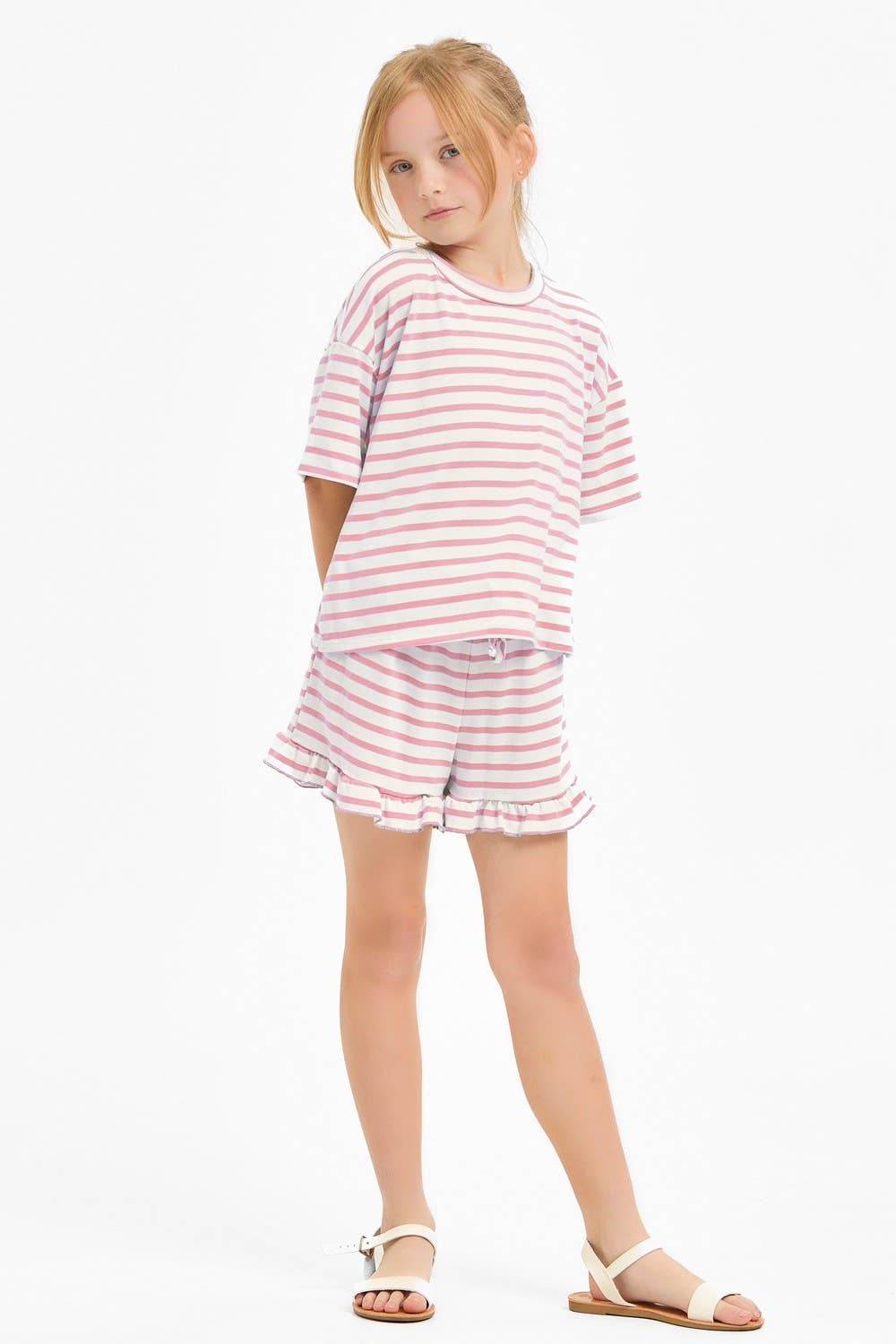 Good Girl – Großhandel Top- & Shorts-Set – Kinder – Gestreiftes Crop-Top und Rüschen-Shorts-Set18