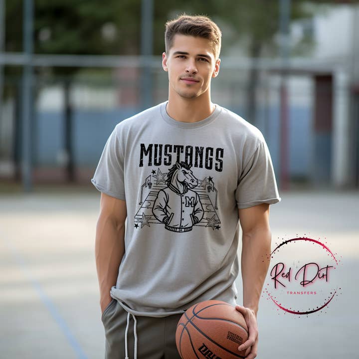 Mustangs Basketball Letterman T-Shirt | Trendy School Spirit Shirt | Fast Shipping | Super Soft Shirts for Men/Women/Kid's for wholesale by Red Dirt Transfers