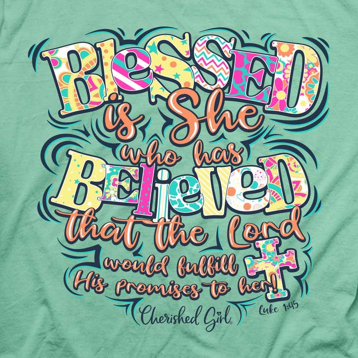 Mint Cherished Girl Womens TShirt Blessed Is She Who Has Believed for wholesale on Faire