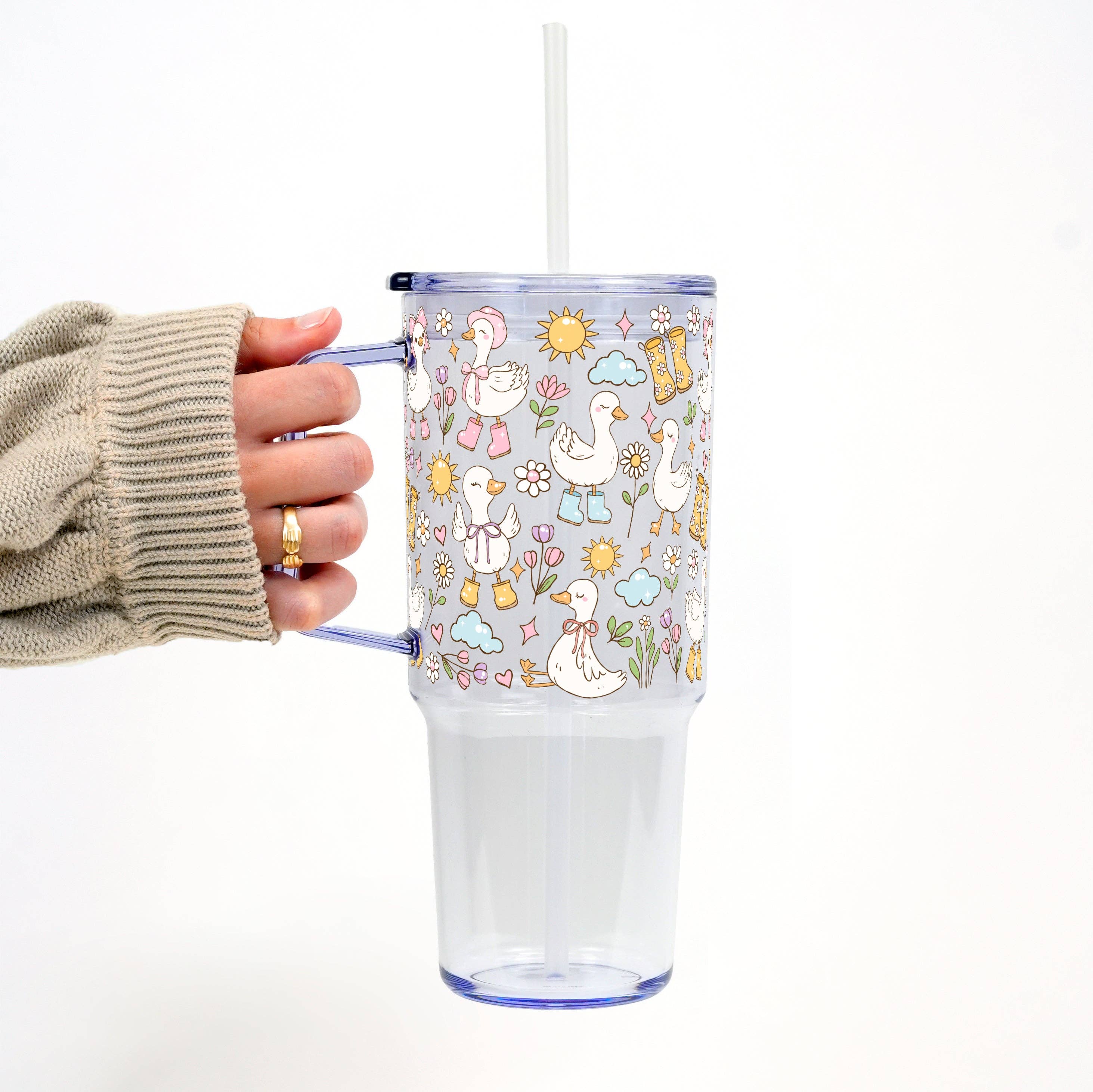 Sip-Sip Hooray! - Vendita all'ingrosso Bicchiere/tazza termica - Bicchiere o Tazza in Vetro o Plastica da 40oz con Coperchio e Cannuccia, Stile Cottage-Core Primaverile con Oca Carina3