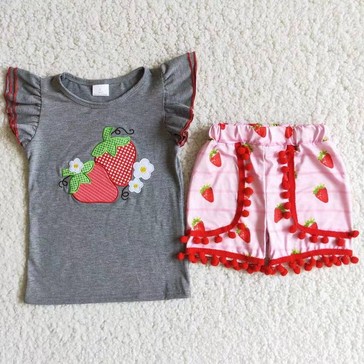 Strawberry embroidery cotton shirt shorts boutique clothing for wholesale by Yawoo Garments