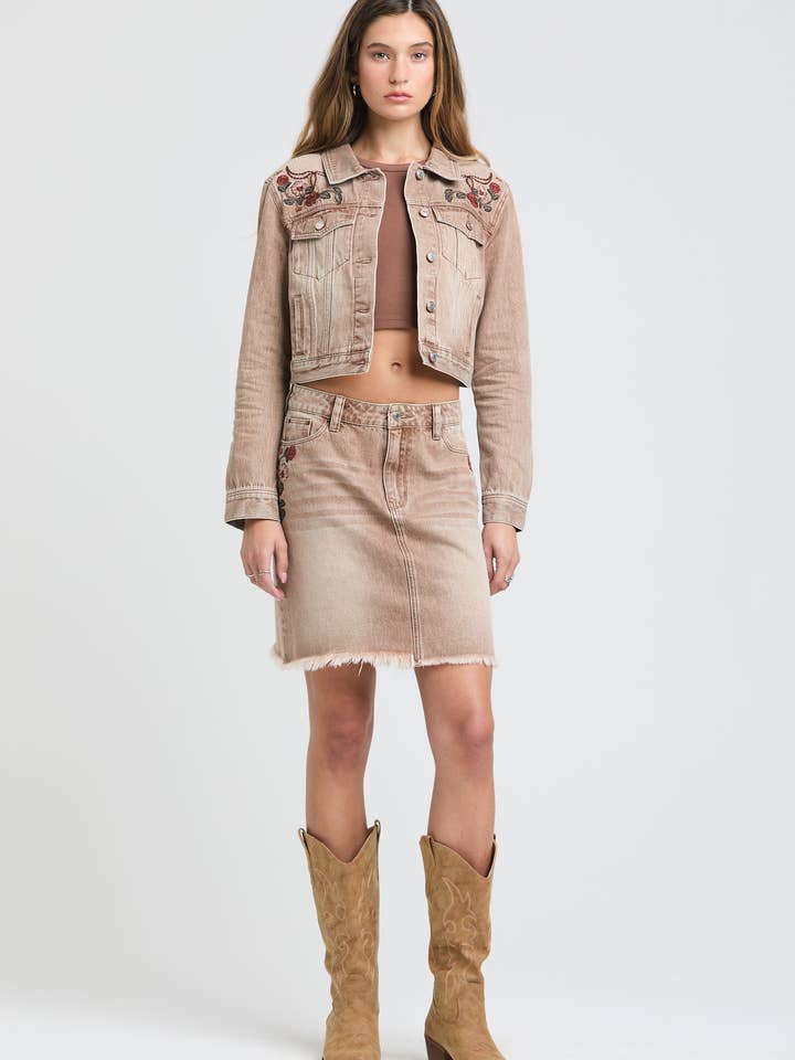 Western Embroidery Camel Denim Jacket | TE-S899 for wholesale by Grace in LA