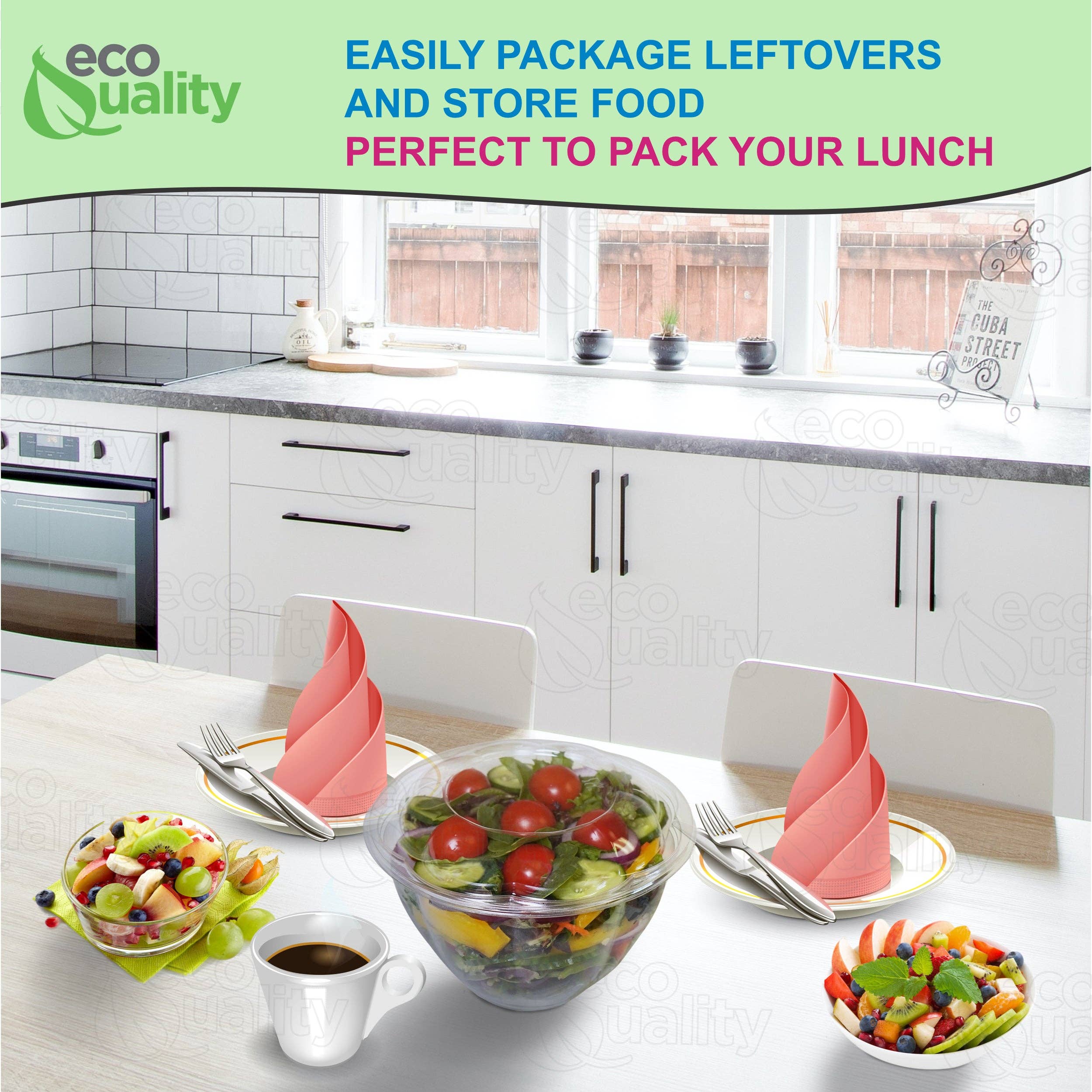 EcoQuality - Wholesale Food Storage Container - 48Oz Crystal Clear Plastic Disposable Salad Bowls with Lids7