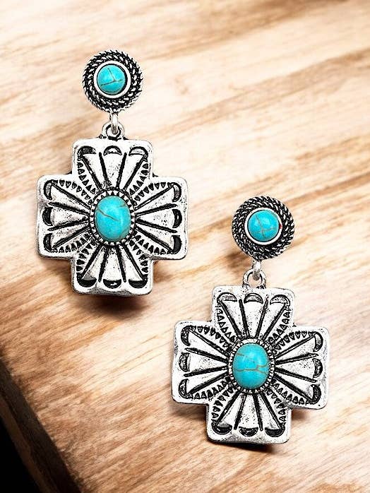 WESTERN ETCHED CROSS GEM DROP EARRING for wholesale by Andrea Bijoux