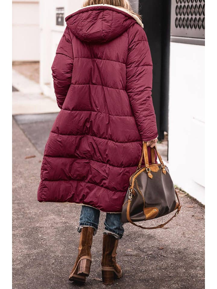 brown Warm hoodie long padded fleece quilted trench coat for wholesale on Faire2